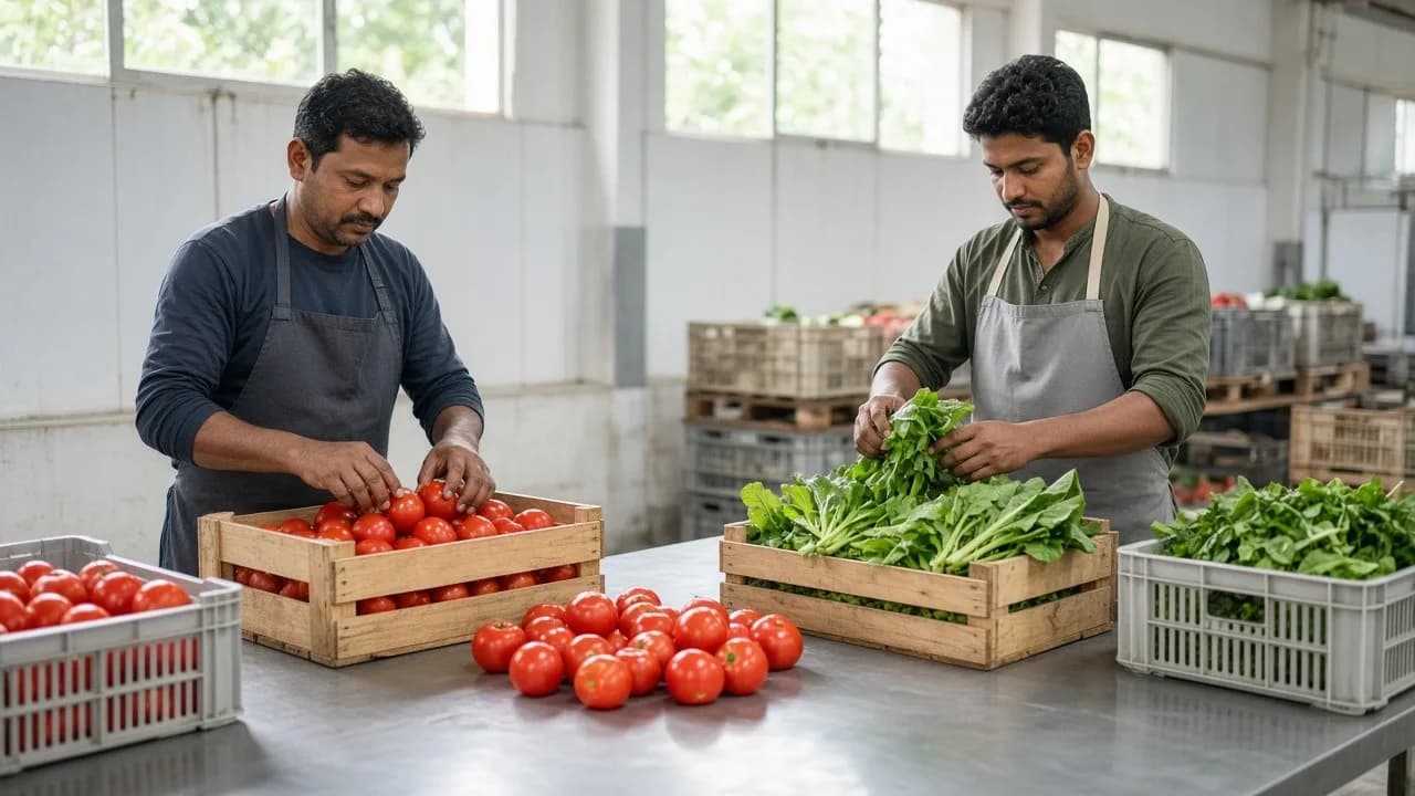 Workers sorting fresh vegetables on a table in a bright pack house