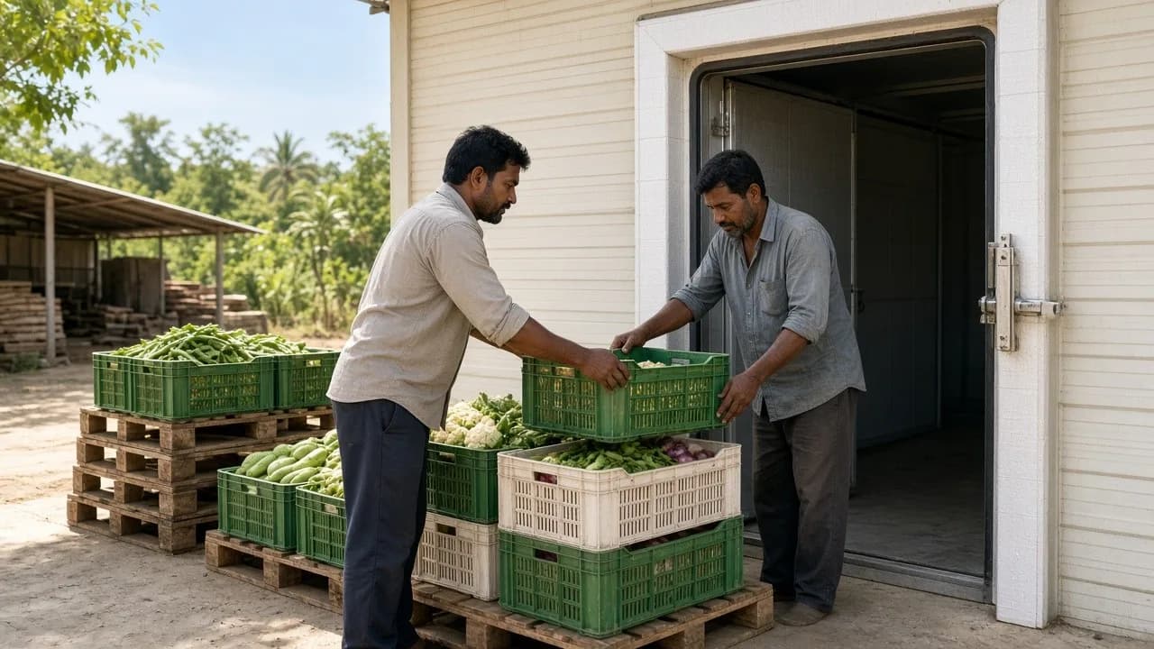 Workers staging pallets of produce crates beside a cold room door