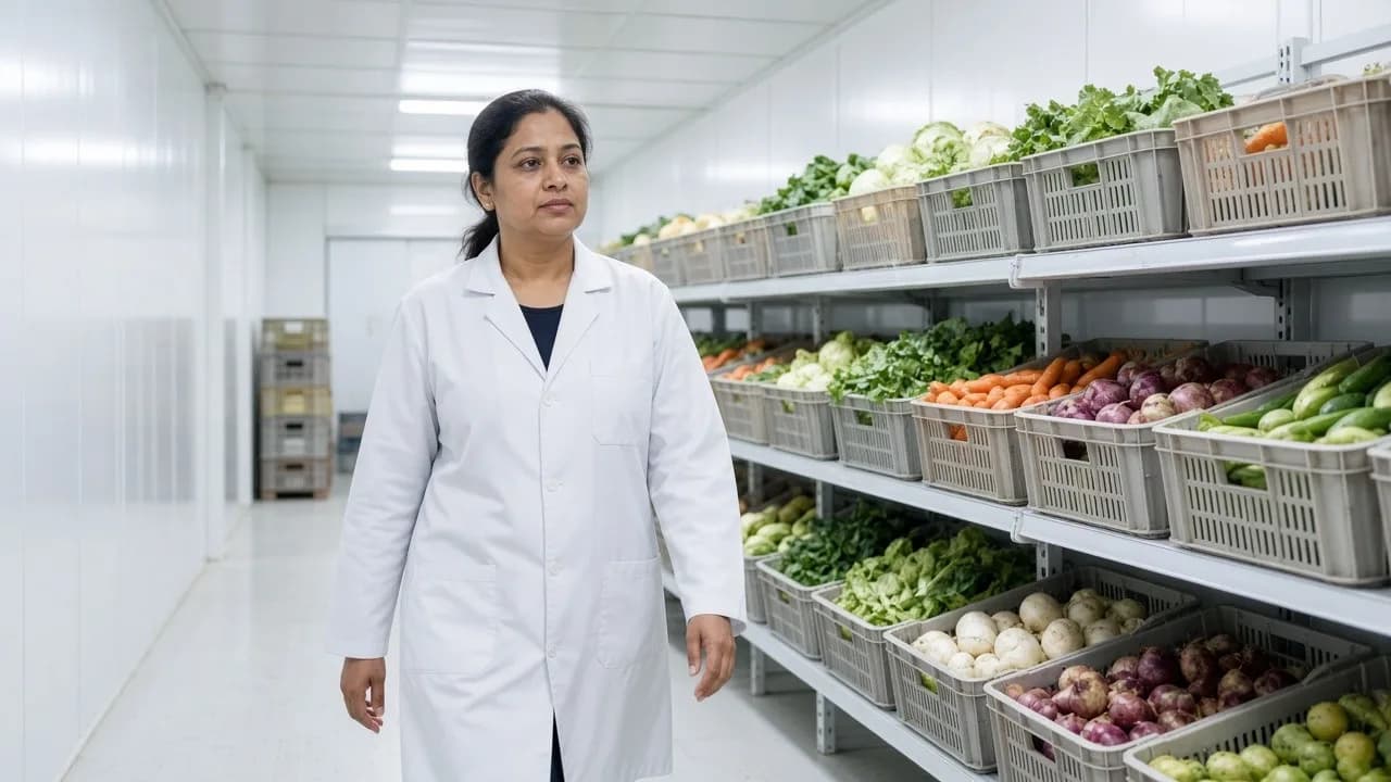 A worker among organised produce crates in a bright agricultural cold room