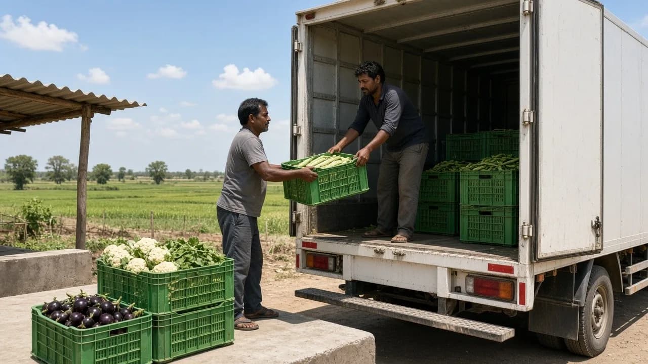 Workers loading vegetable crates into a white refrigerated truck at a bright dock