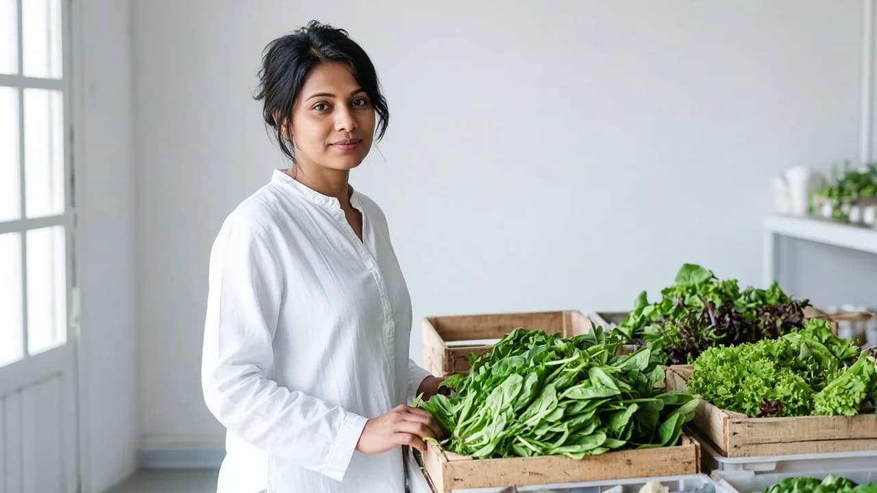 A worker with crates of leafy greens in a bright chilled room