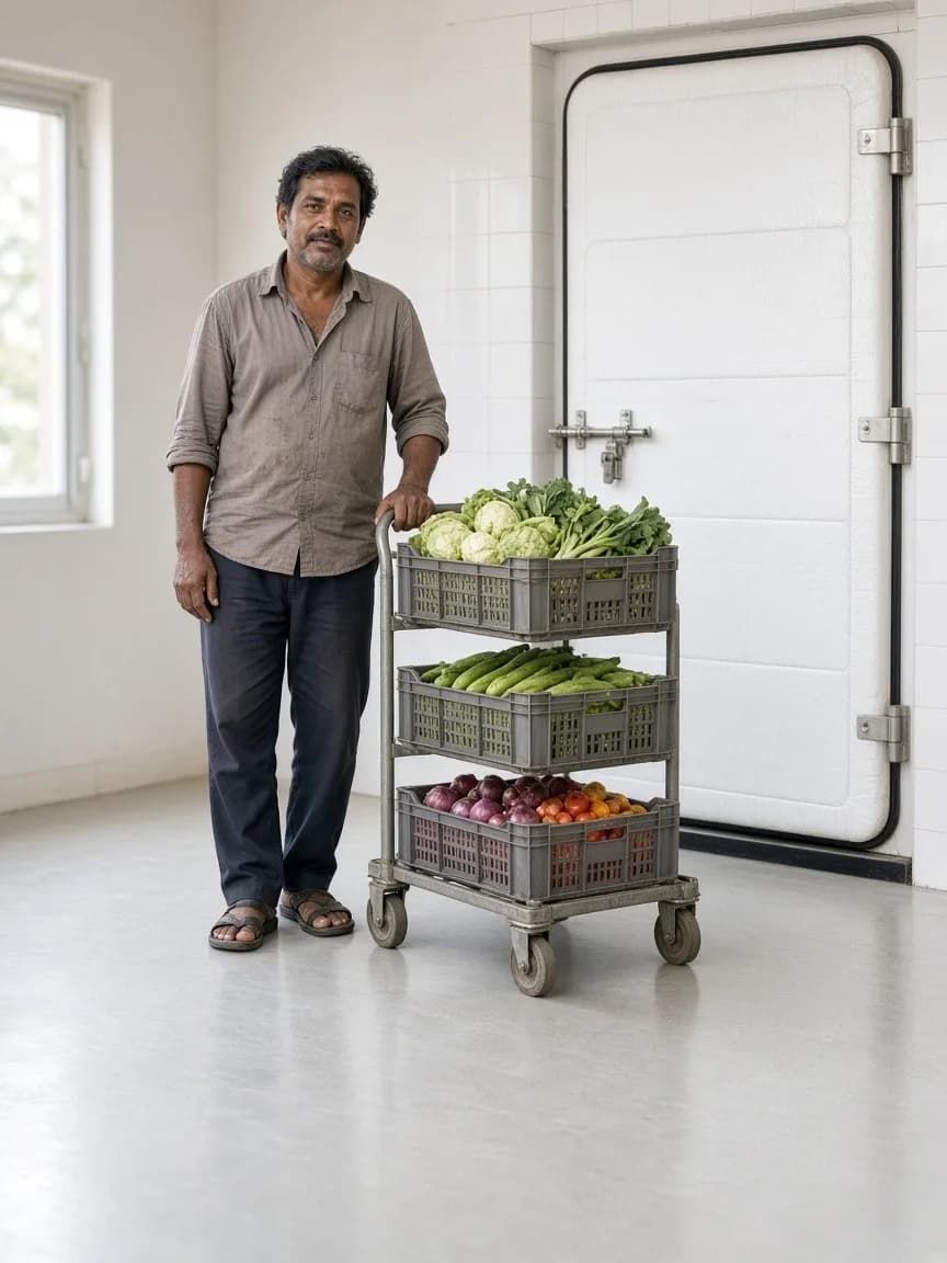 A worker with produce crates waiting at a cold room door in a bright ante room