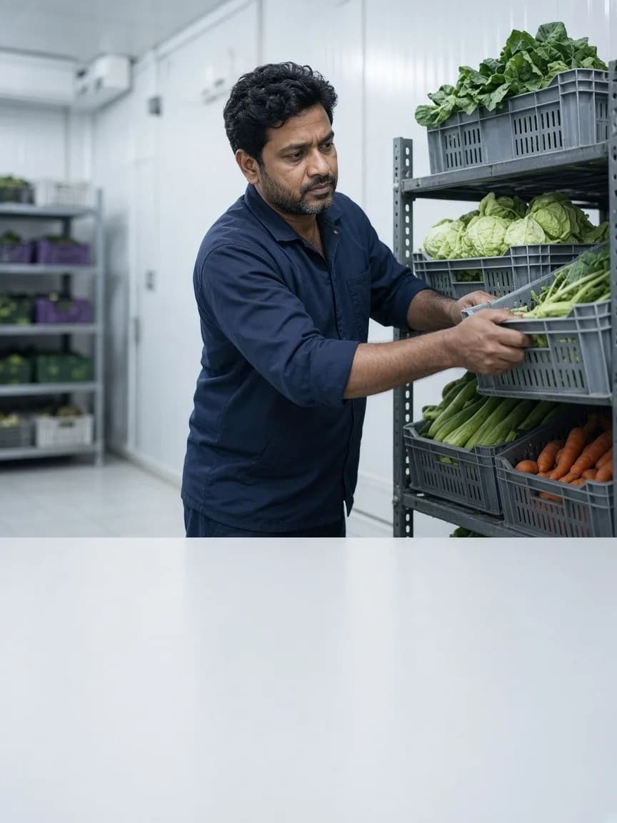A worker arranging vegetable crates in a bright chilled cold room
