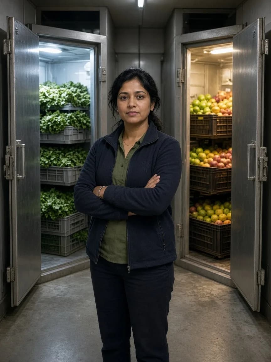 A supervisor between two agricultural cold rooms holding different crops