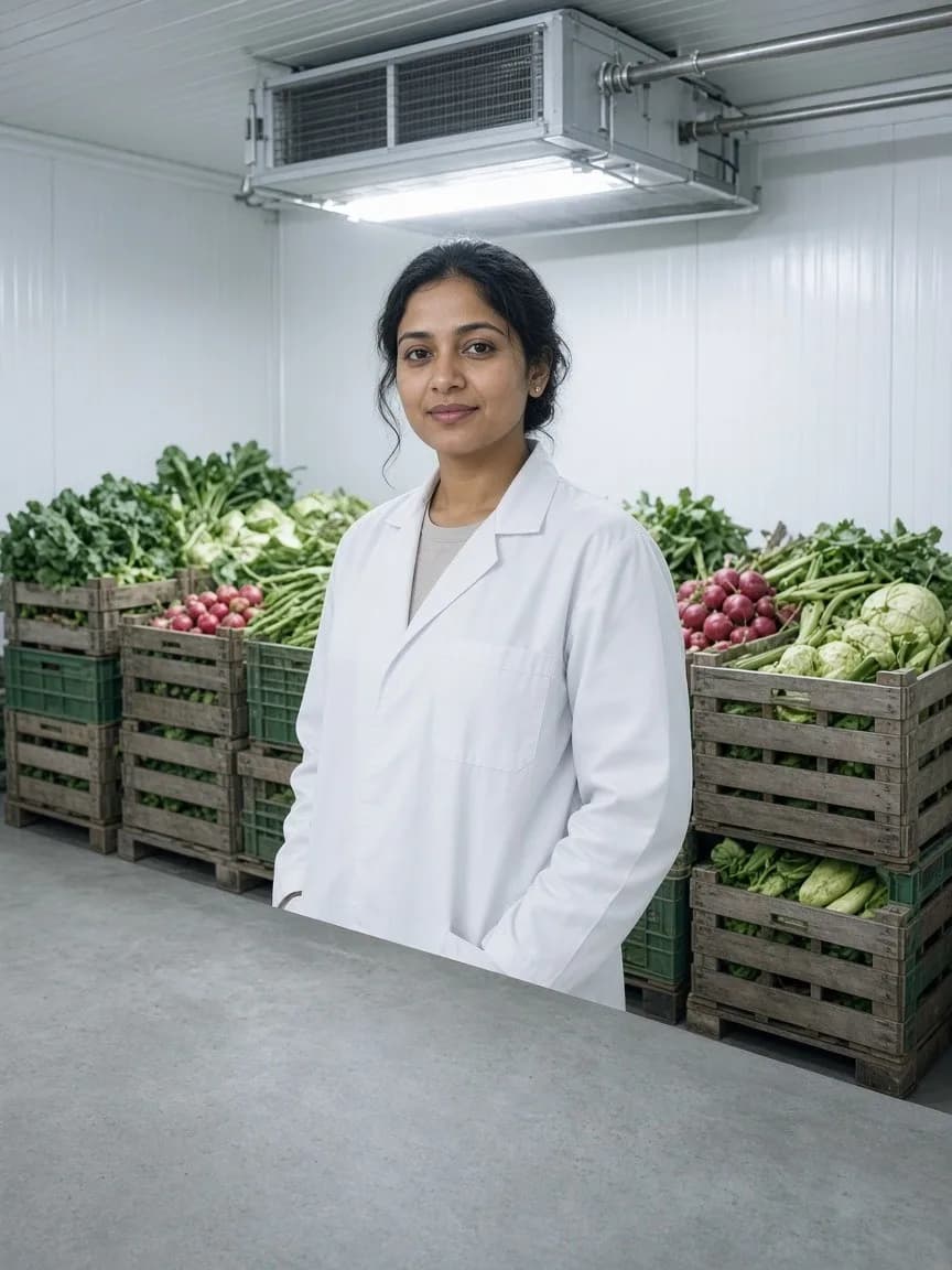 A worker with freshly harvested crates inside a bright pre cooling room