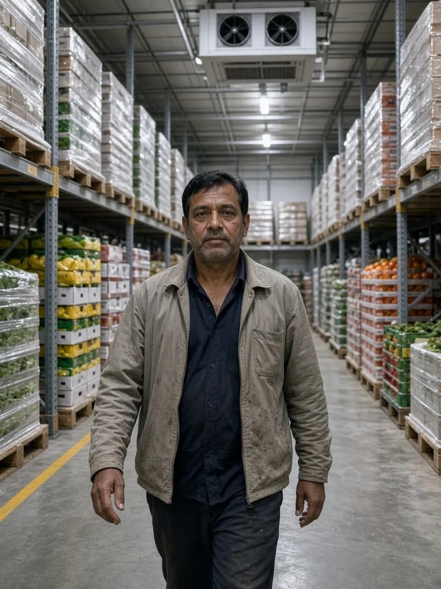 Workers in a large bright agricultural cold store with high pallet racking