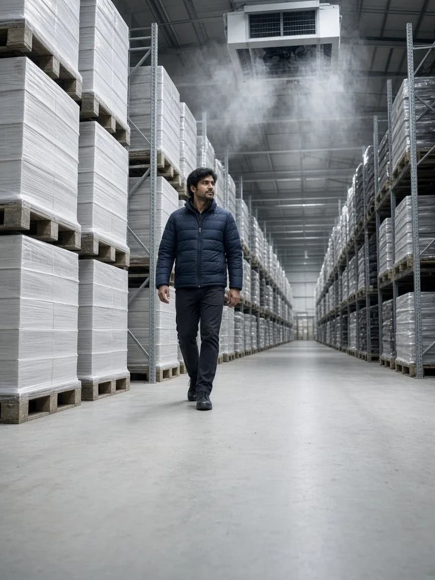 A worker walking a tall bright aisle with gaps between pallet racks