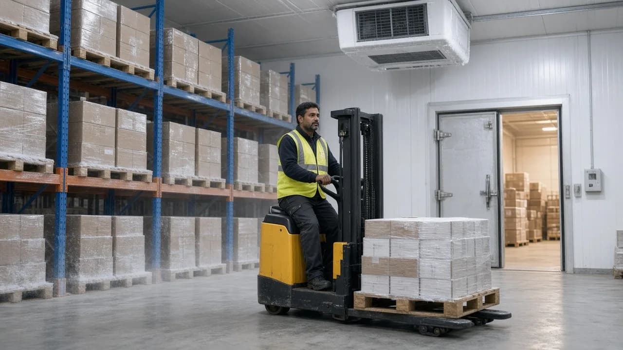 A forklift driver beside pallet racks and a ceiling evaporator in a bright cold warehouse