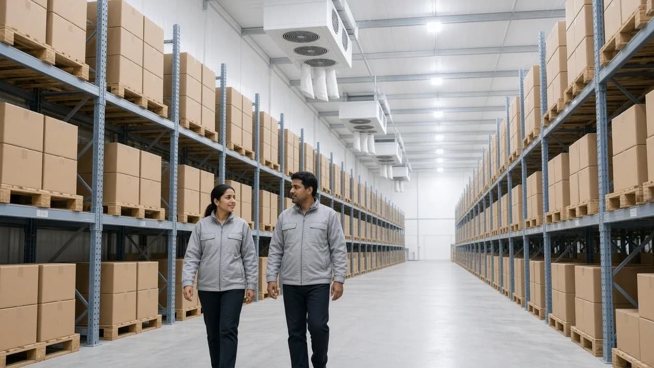 Workers among pallet racks inside a bright refrigerated warehouse