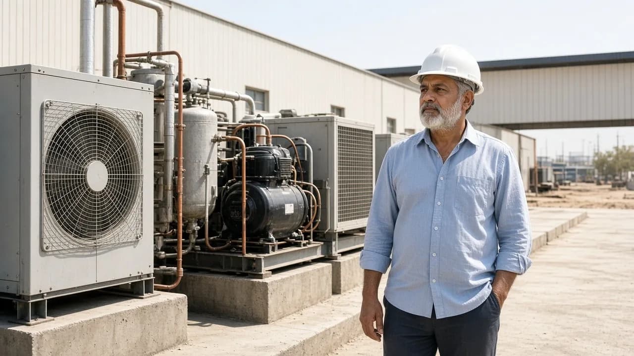 An engineer beside outdoor refrigeration plant at a logistics warehouse under a bright hot sky
