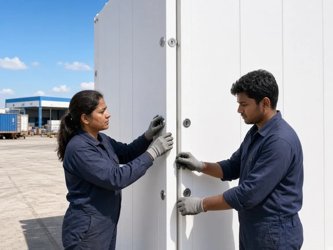 Two workers locking white insulated panels at a sunny logistics yard