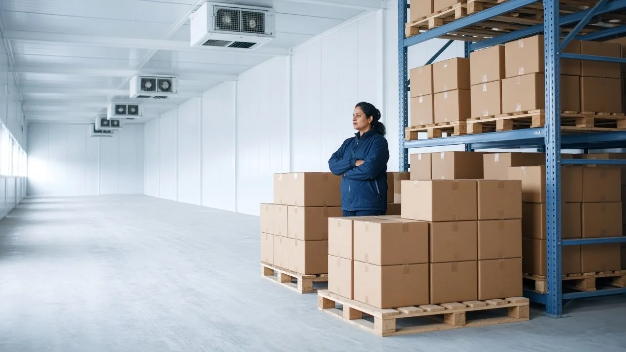 A warehouse supervisor beside pallet racks in a bright logistics cold store
