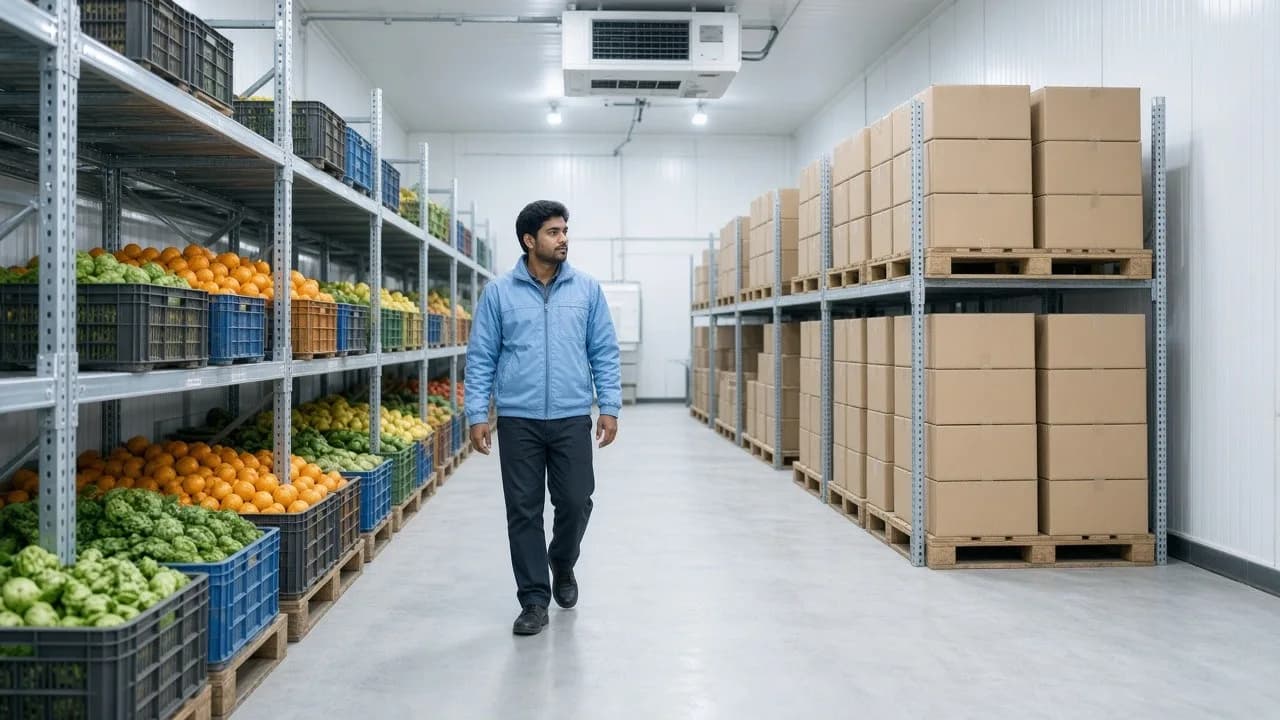 A worker in a bright chilled warehouse aisle of pallet racks