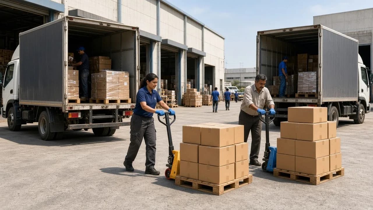 Workers moving pallets between two trucks at a bright cross dock