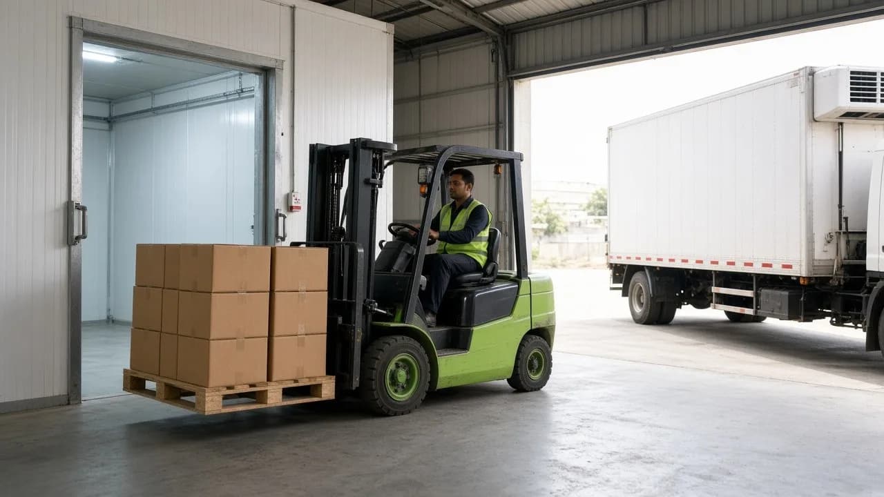 A forklift moving a pallet from a cold room toward a bright loading dock