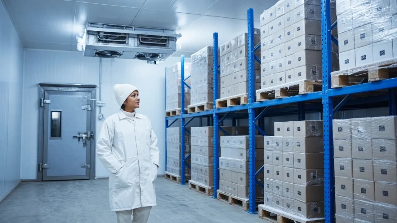 A worker in a bright freezer aisle of frozen food pallets