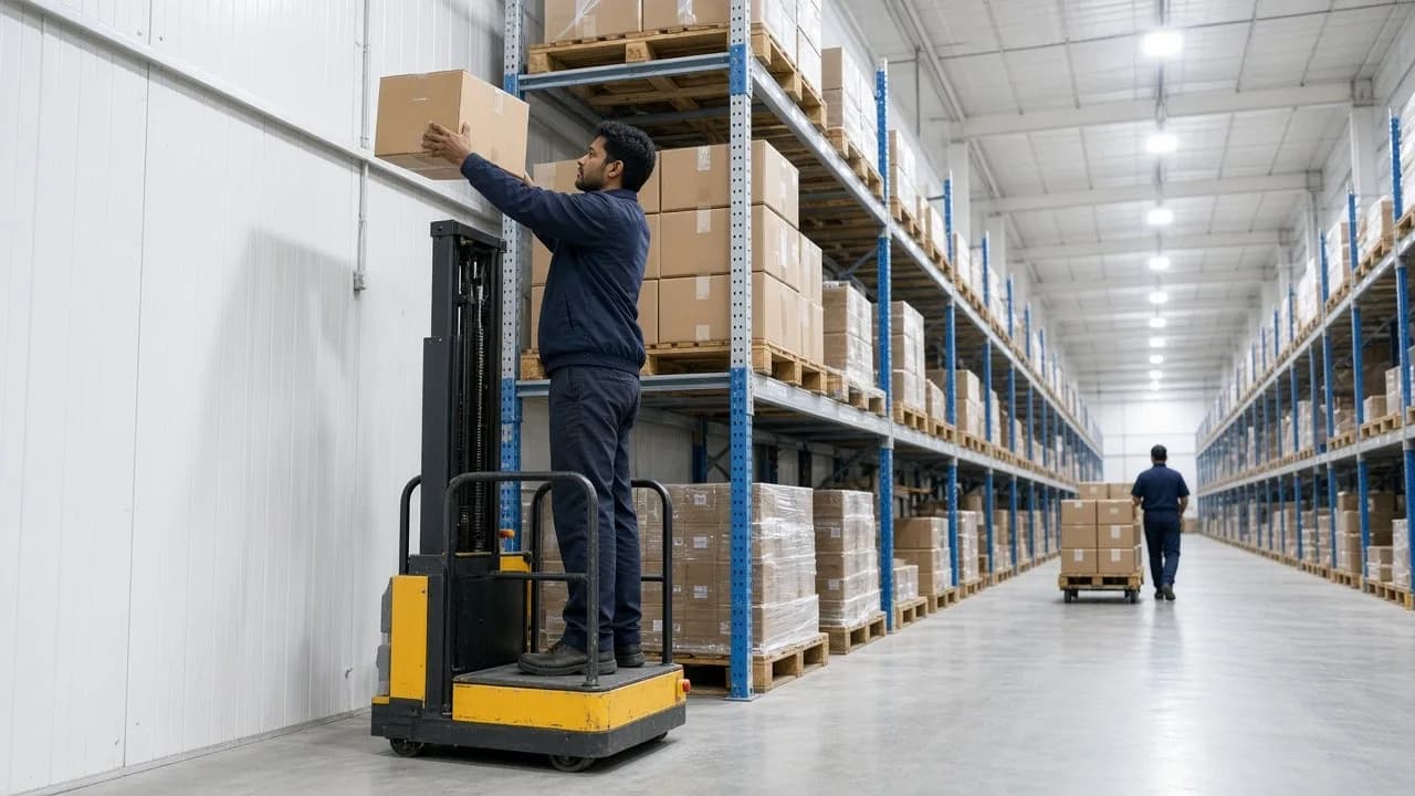 A picker selecting cartons from a pallet rack in a bright cold store
