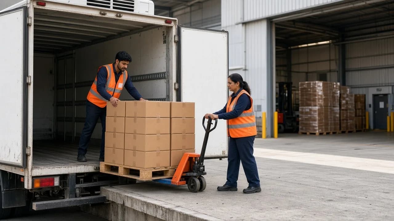 Workers receiving pallets from a truck at a bright logistics dock