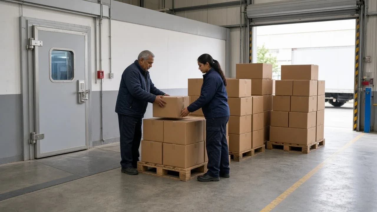 Workers consolidating pallets beside a cold room door