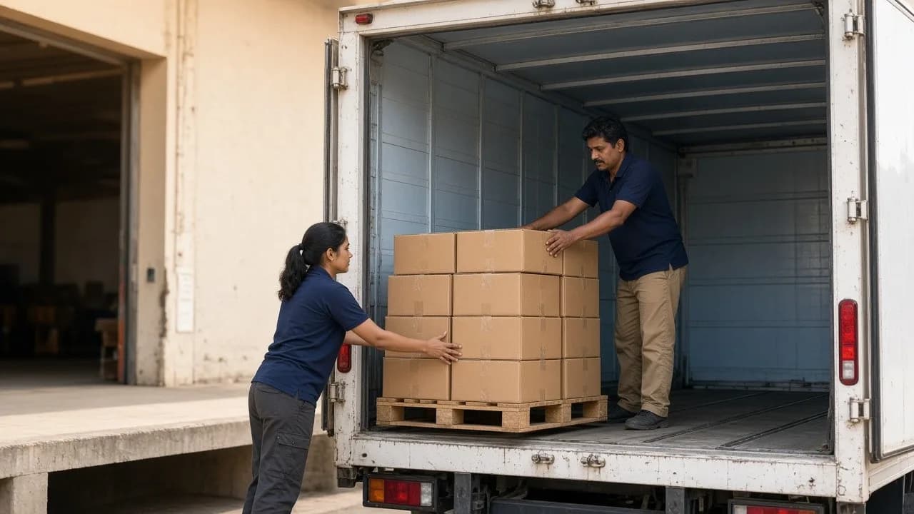 Workers loading pallets into a white refrigerated truck at a bright dock