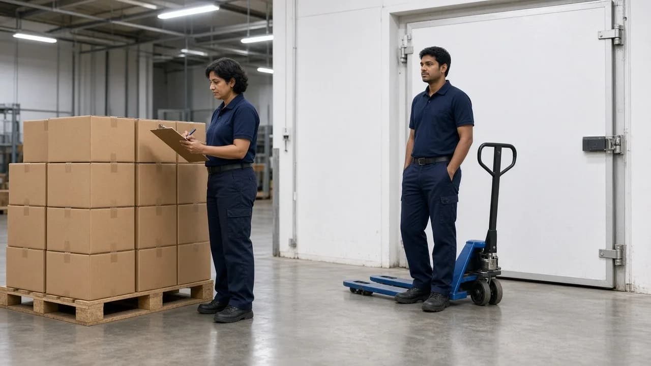 A supervisor checking pallet cartons beside a cold room door