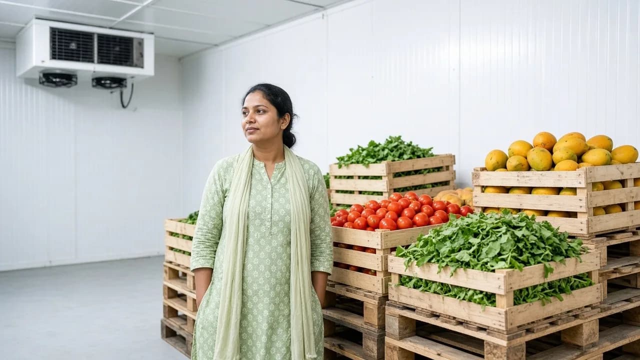 A worker beside pallets of vegetable crates in a bright chilled warehouse