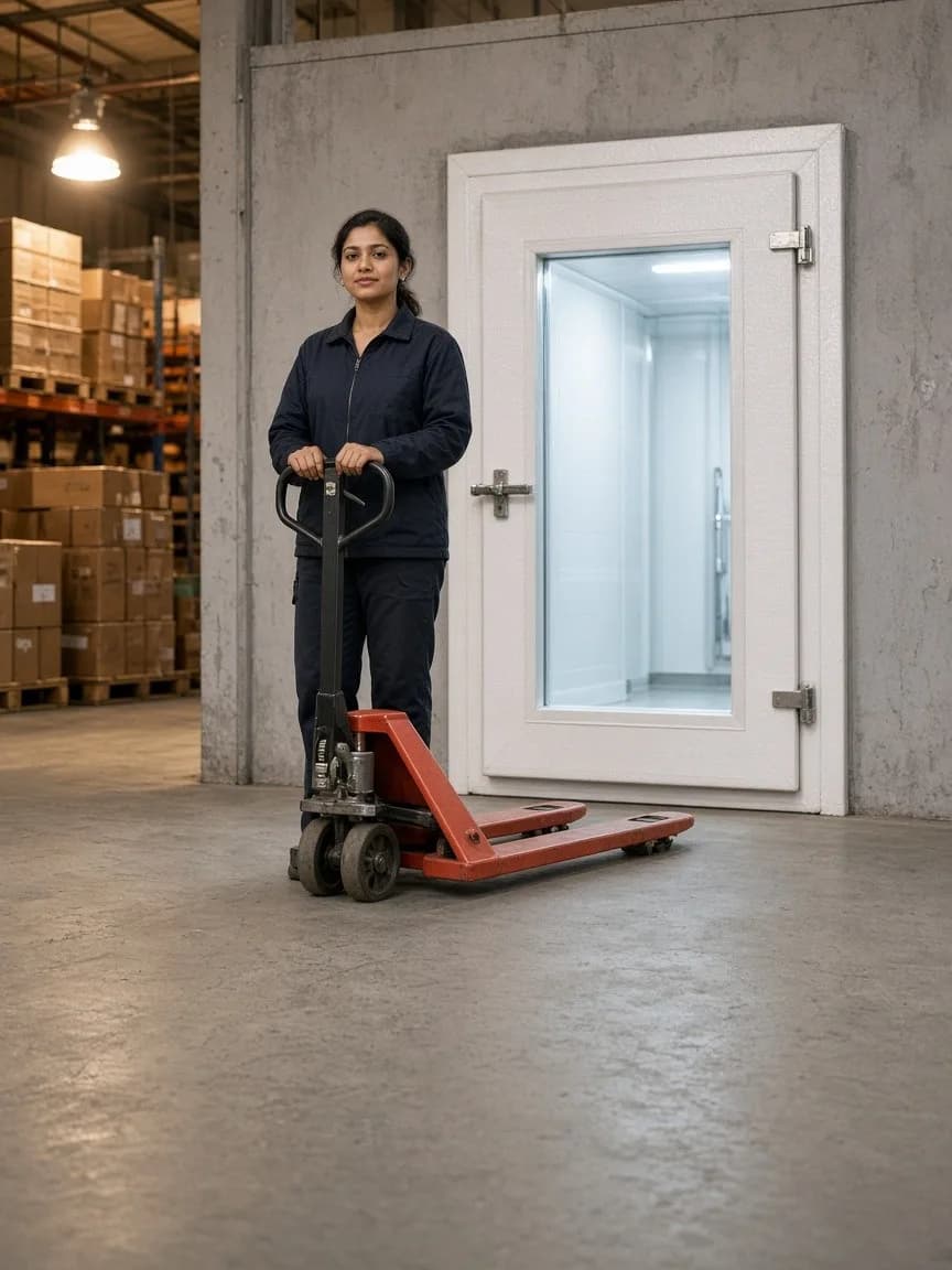 A worker with a pallet waiting at a cold room door in a bright ante room