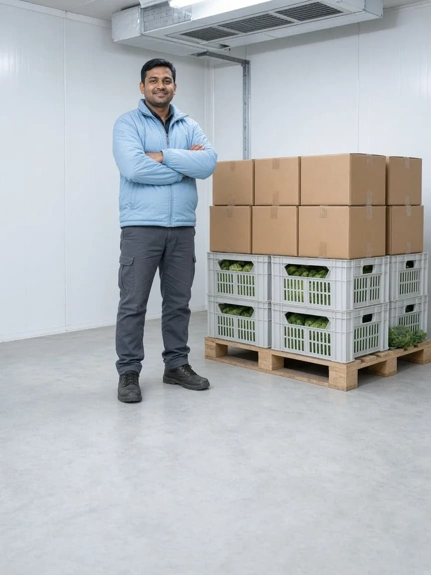 A worker among chilled pallet racks in a bright logistics cold room