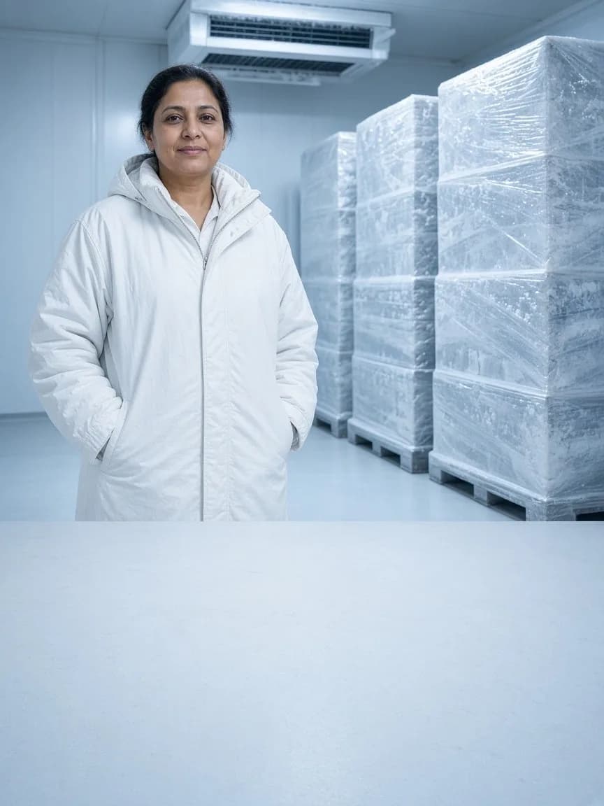 A worker beside frozen pallets in a bright logistics freezer