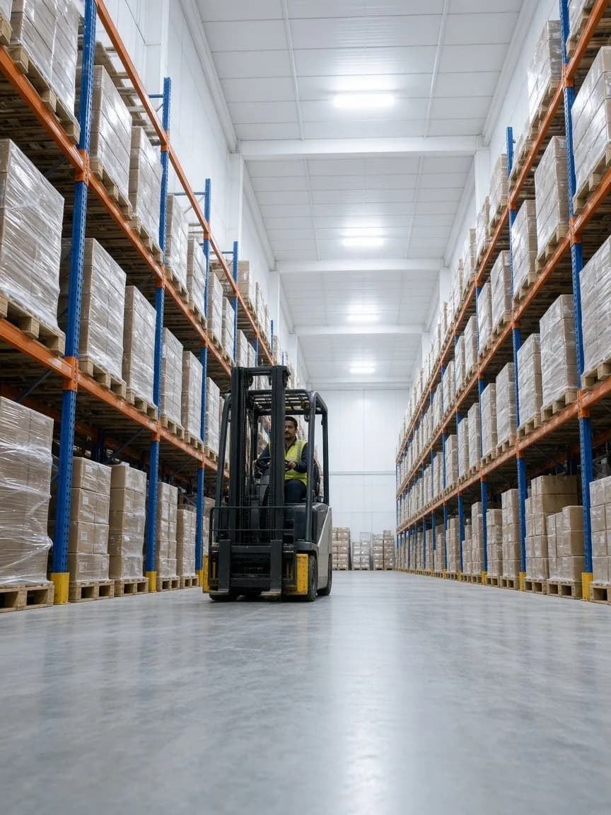 A forklift in a tall bright cold storage aisle of pallet racks