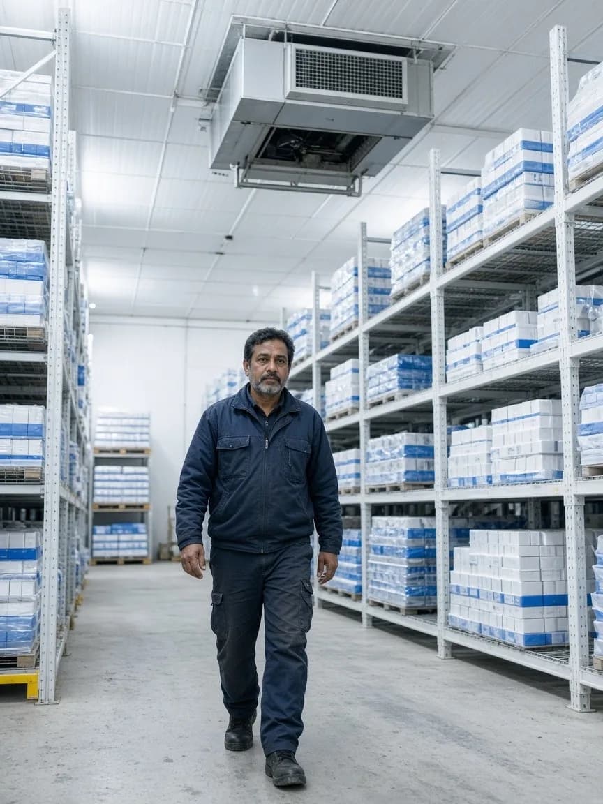 A worker walking a tall bright aisle with gaps between dairy cartons and ice cream pallets