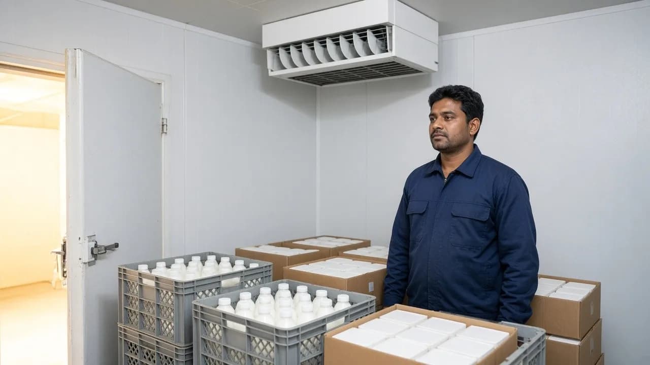 A technician beside dairy crates and a ceiling evaporator in a bright cold room