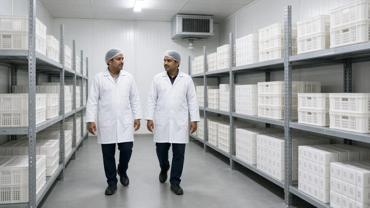 Workers among dairy cartons inside a bright chilled storage room