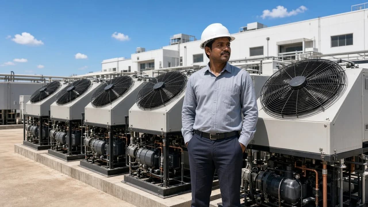 An engineer beside outdoor refrigeration plant at a dairy facility under a bright hot sky