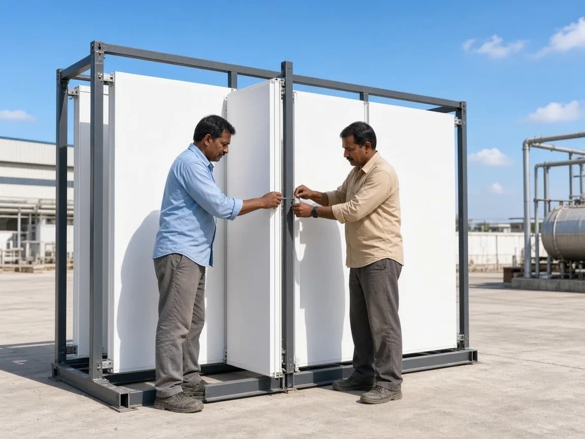 Two workers locking white insulated panels together in a sunny dairy plant yard