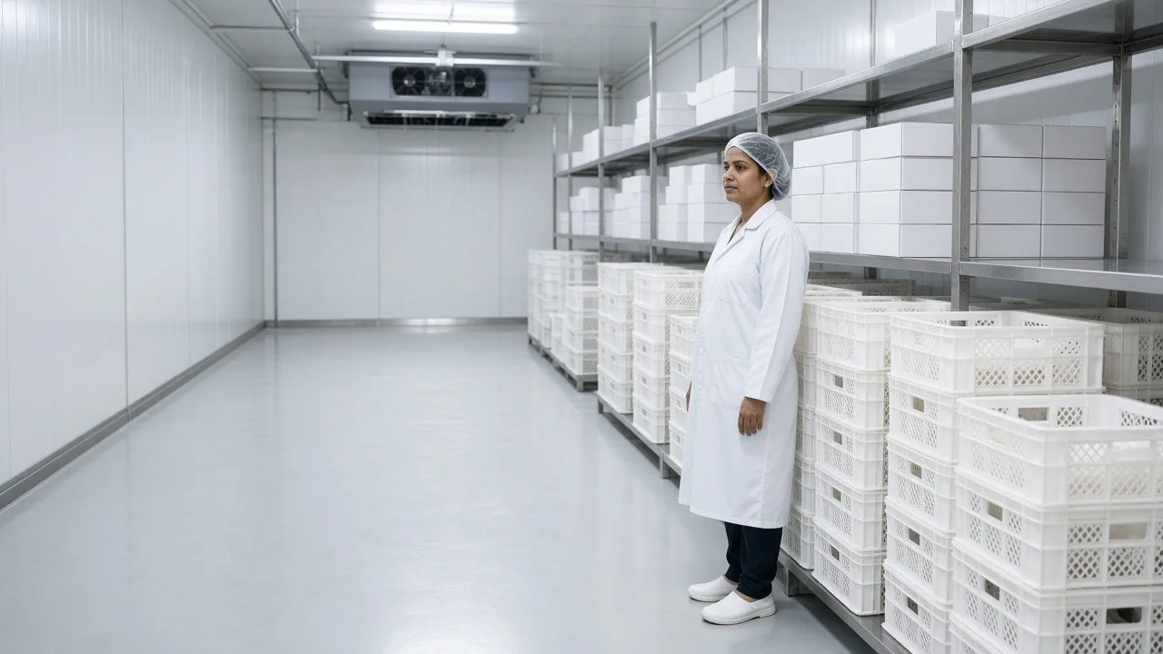 A dairy worker beside crates of milk and plain ice cream cartons in a bright refrigerated room