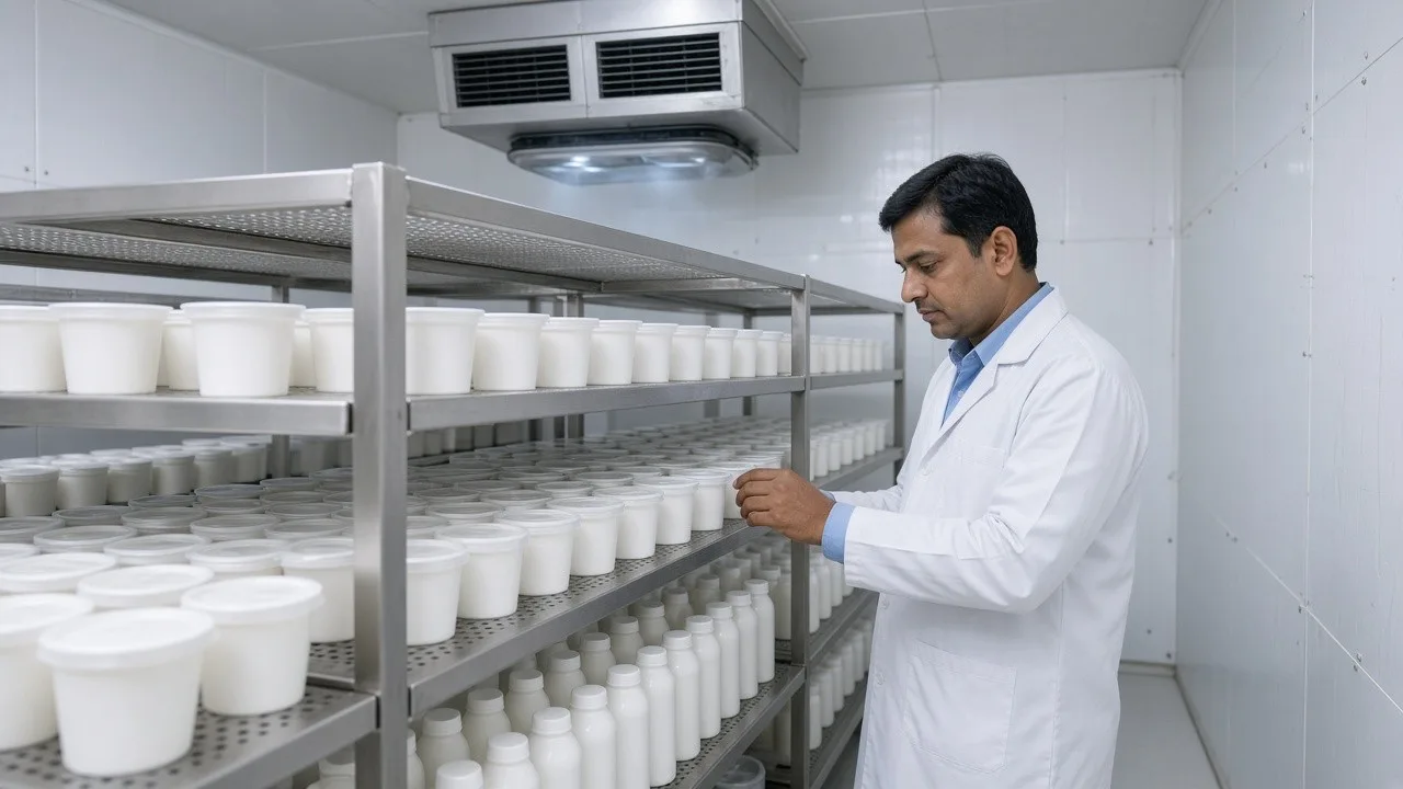 A technician beside packaged dairy products cooling on racks in a bright room