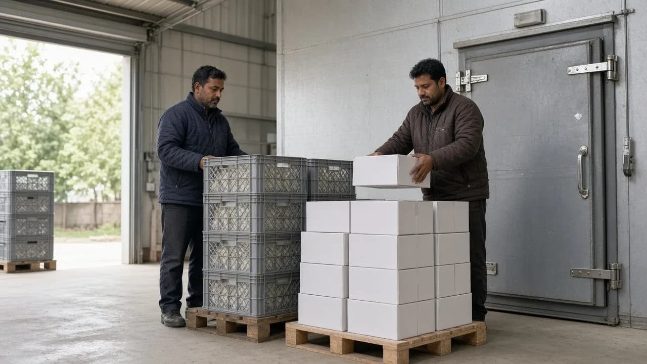 Workers staging pallets of dairy cartons beside a cold room door