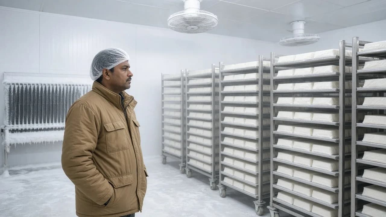 A worker watching packaged ice cream on racks inside a bright blast freezer
