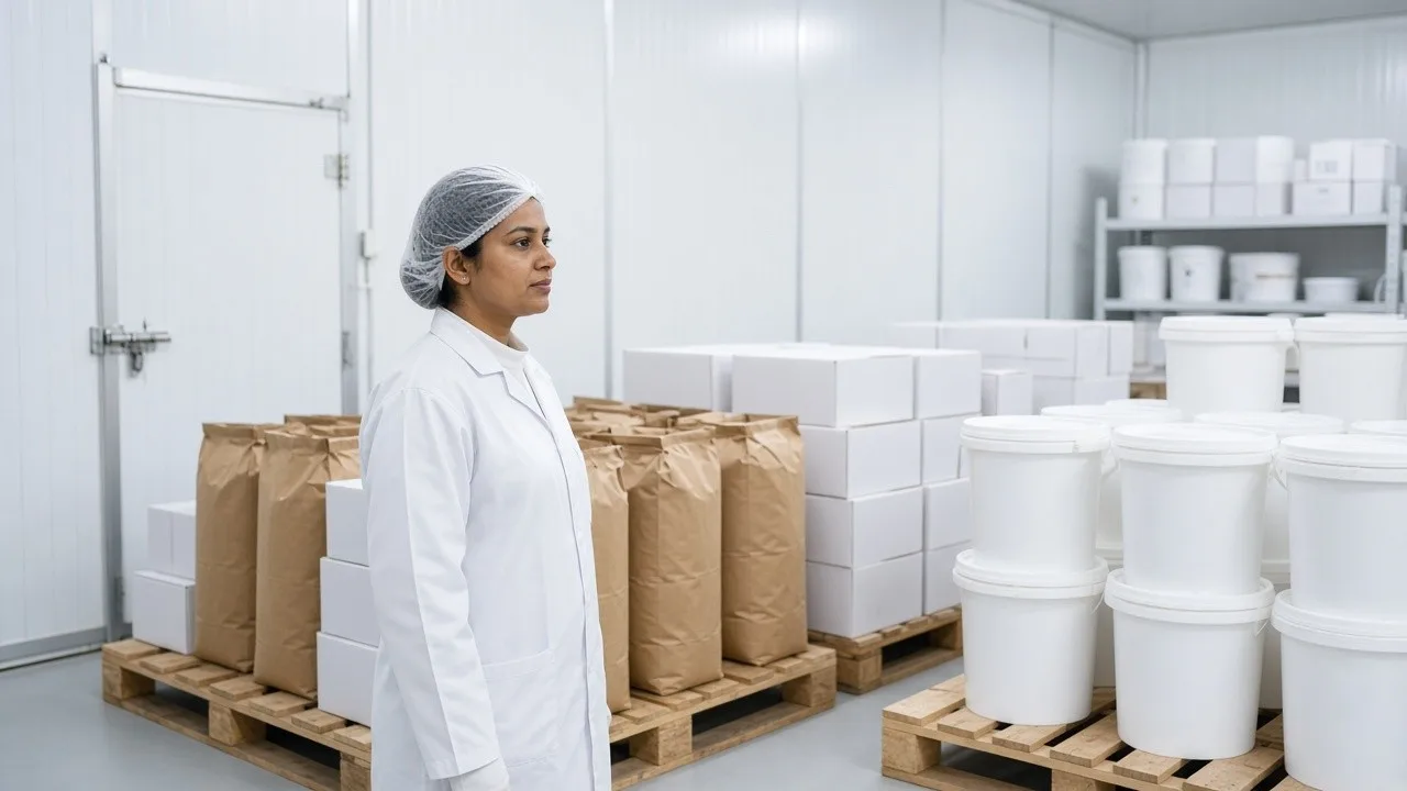 A worker among ingredient cartons in a bright chilled storage room