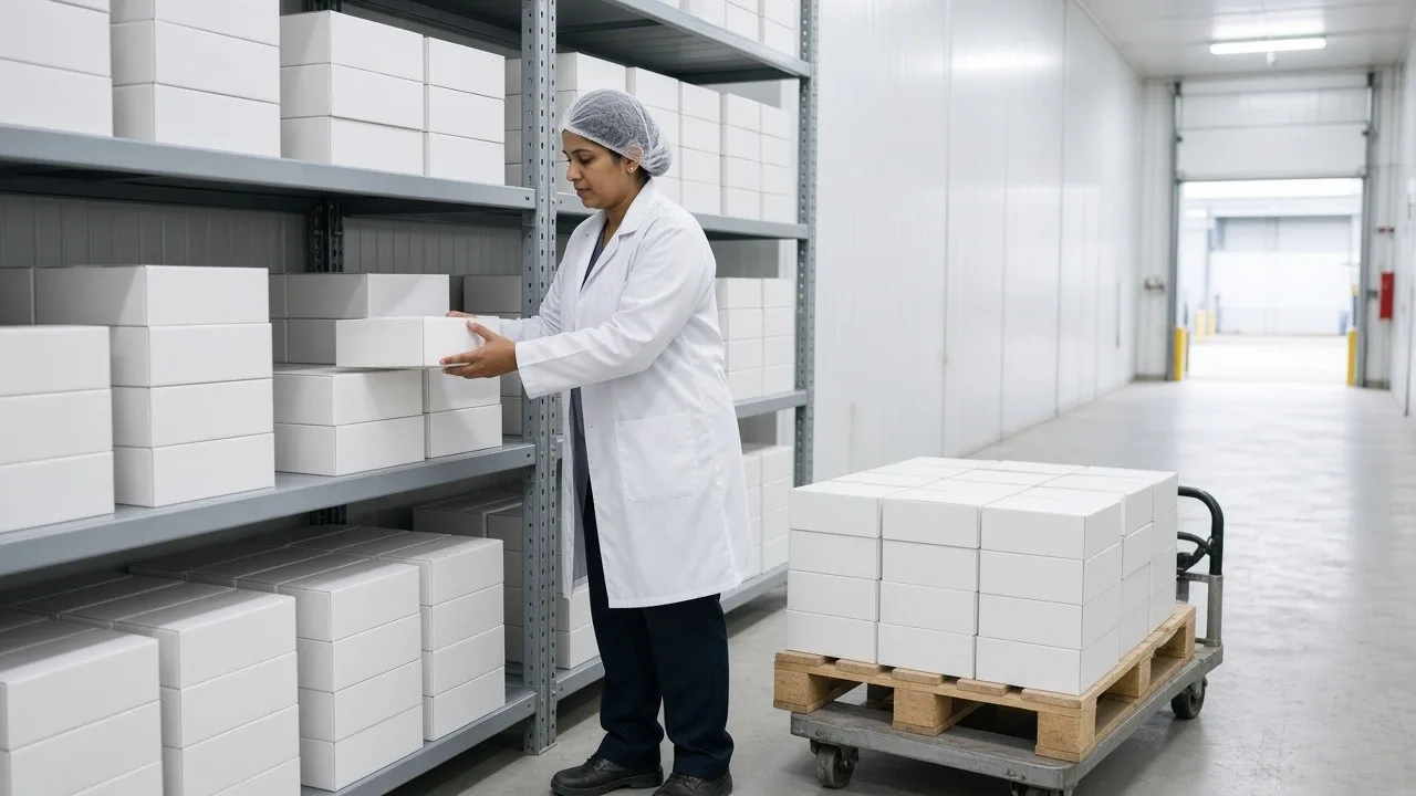 A picker selecting dairy cartons from a bright refrigerated rack