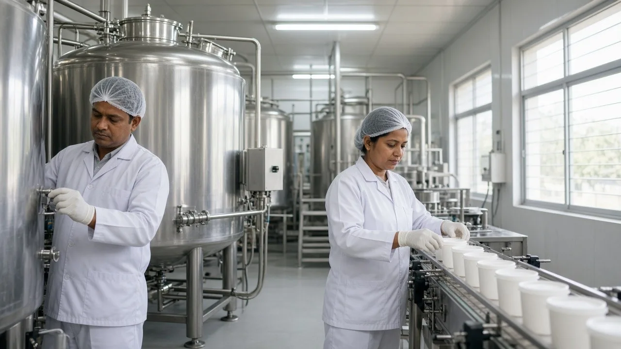 Dairy workers at stainless processing equipment in a bright production room