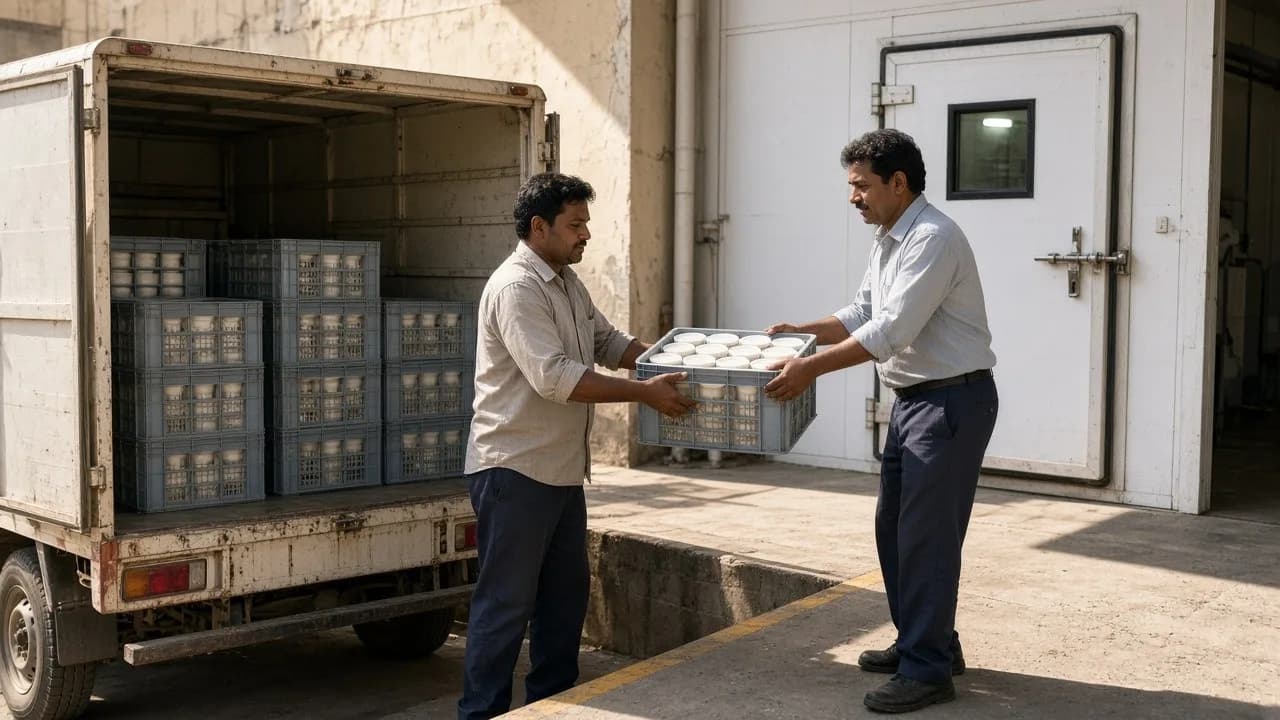 Workers receiving crates of dairy ingredients at a bright loading dock