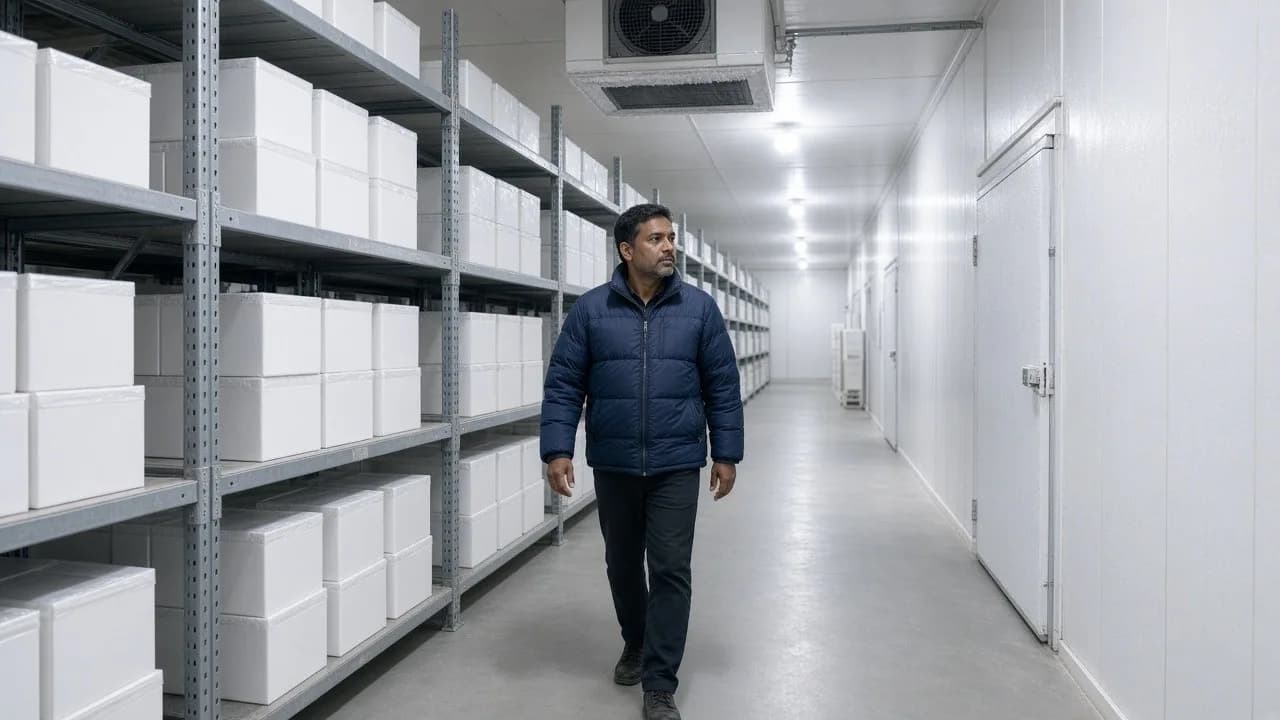 A worker in a bright freezer aisle of plain ice cream cartons