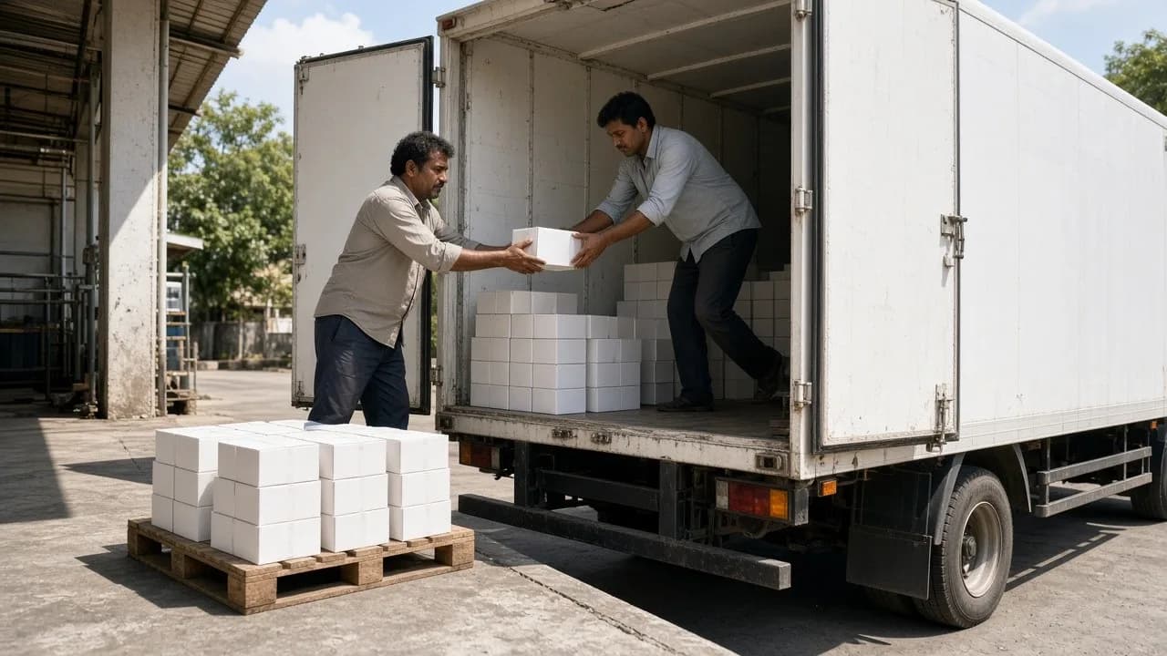 Workers loading dairy cartons into a white refrigerated truck at a bright dock
