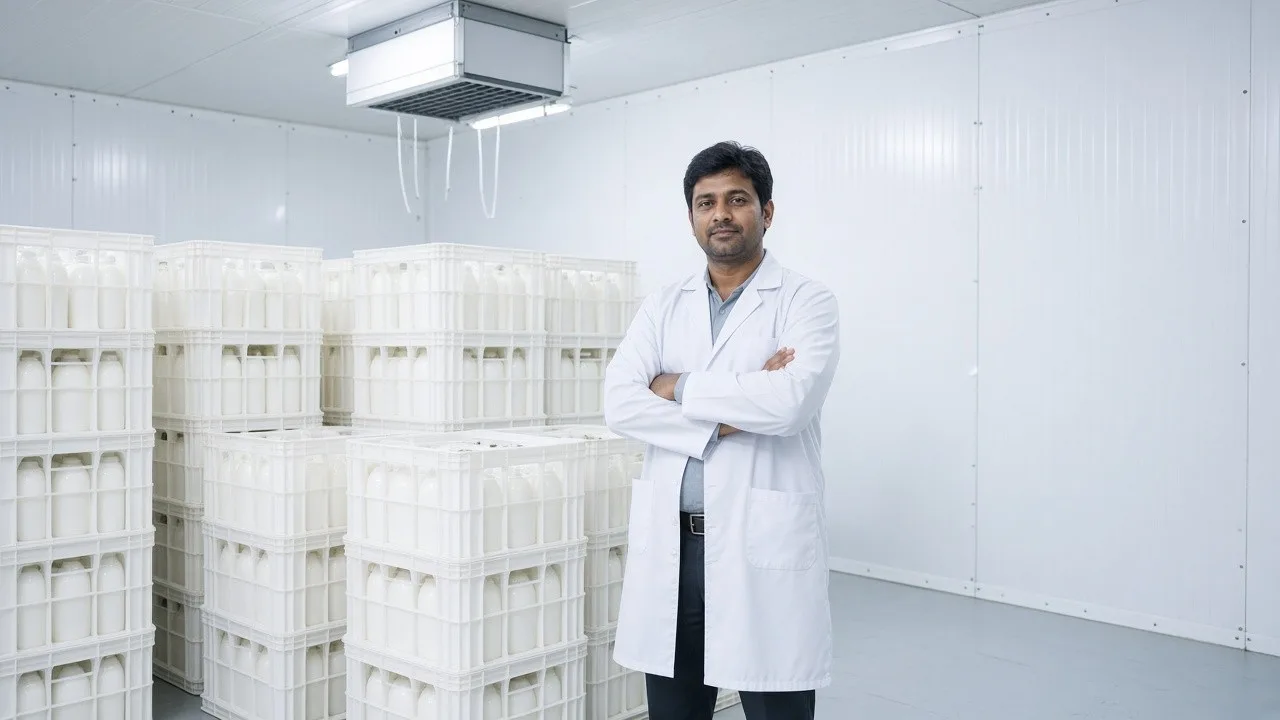 A worker with plain milk crates in a bright chilled dairy room