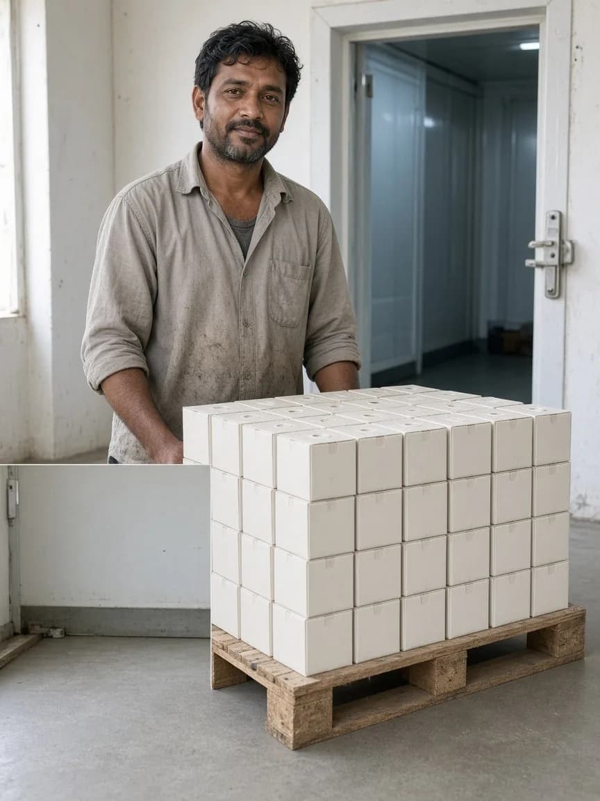 A worker with dairy cartons waiting at a cold room door in a bright ante room