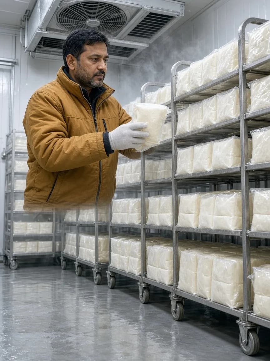 A technician beside racks of packaged dairy products in a bright blast freezer