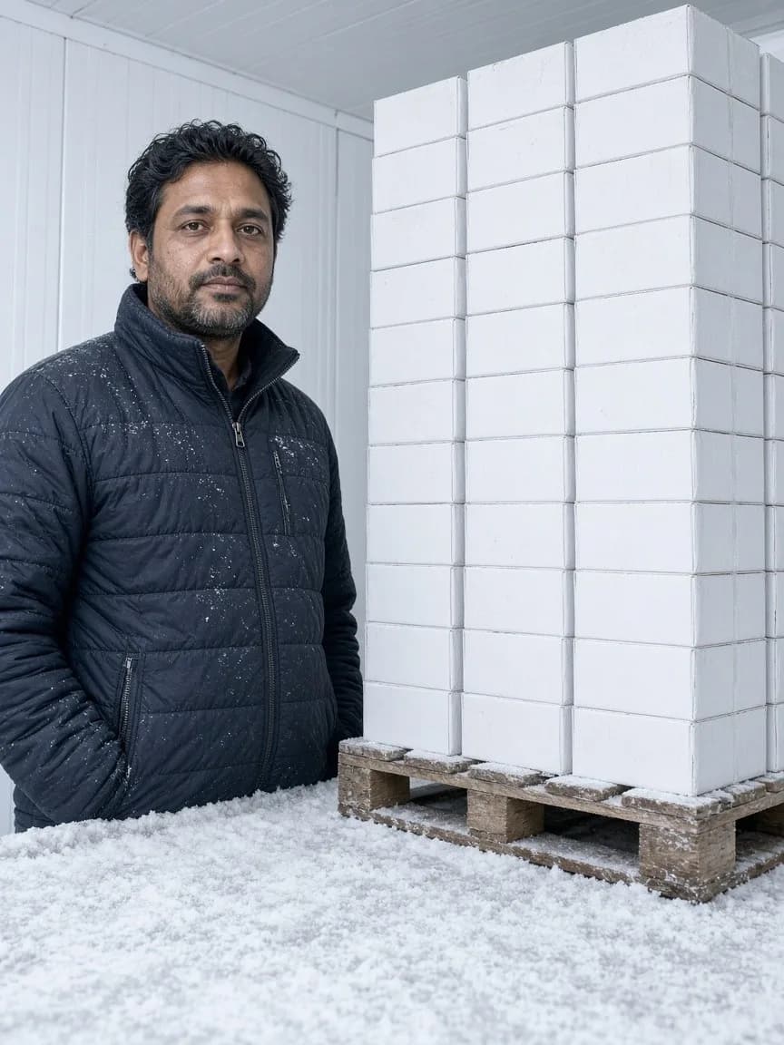 A worker beside plain ice cream cartons in a bright low temperature freezer