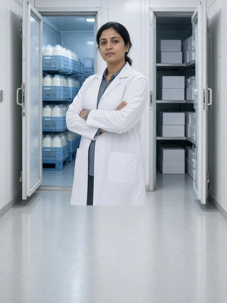 A supervisor between a chilled dairy room and a frozen ice cream room